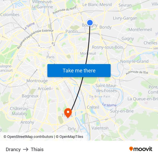 Drancy to Thiais map