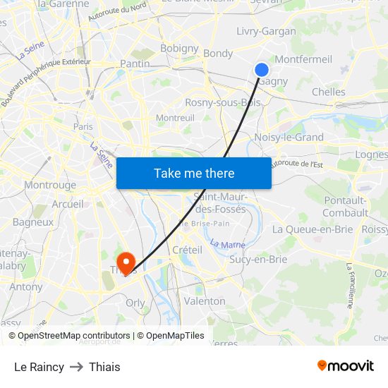 Le Raincy to Thiais map