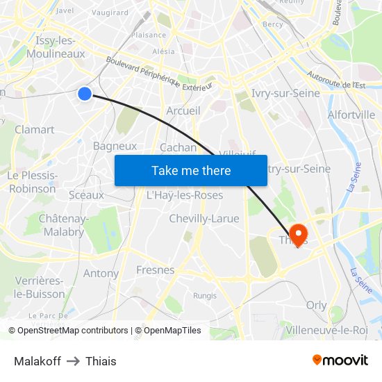 Malakoff to Thiais map
