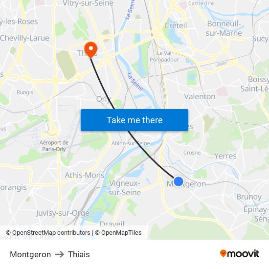Montgeron to Thiais map