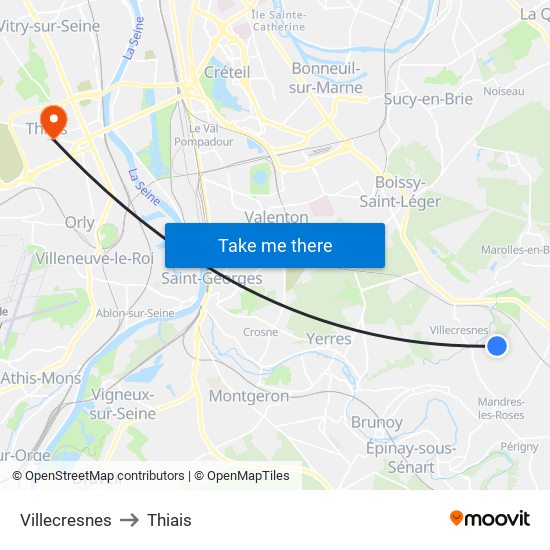 Villecresnes to Thiais map