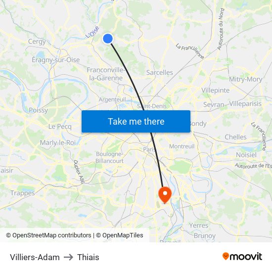 Villiers-Adam to Thiais map