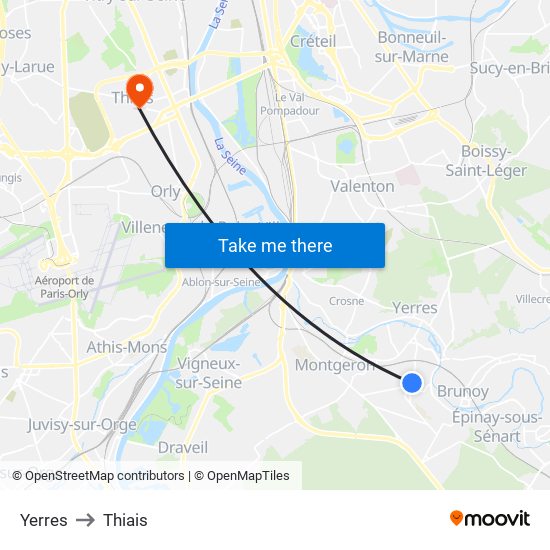 Yerres to Thiais map