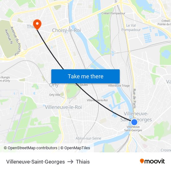 Villeneuve-Saint-Georges to Thiais map