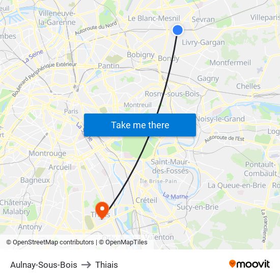 Aulnay-Sous-Bois to Thiais map