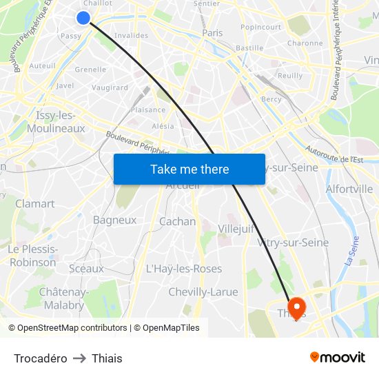 Trocadéro to Thiais map