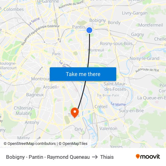 Bobigny - Pantin - Raymond Queneau to Thiais map