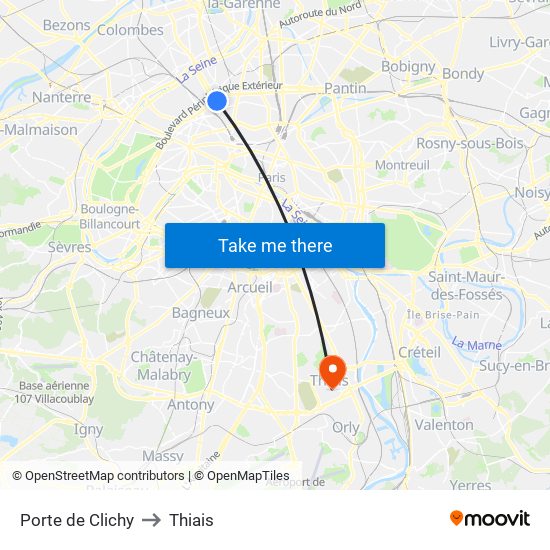 Porte de Clichy to Thiais map