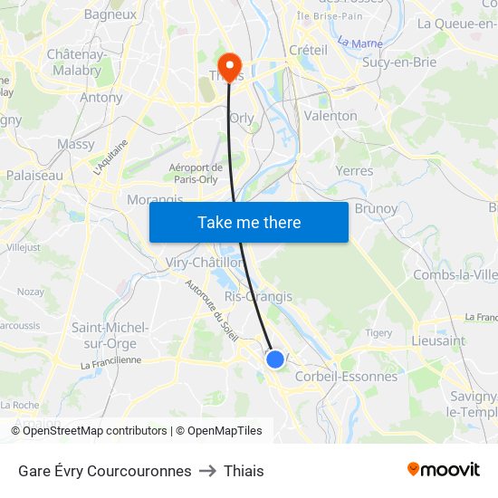 Gare Évry Courcouronnes to Thiais map