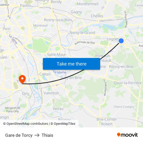 Gare de Torcy to Thiais map