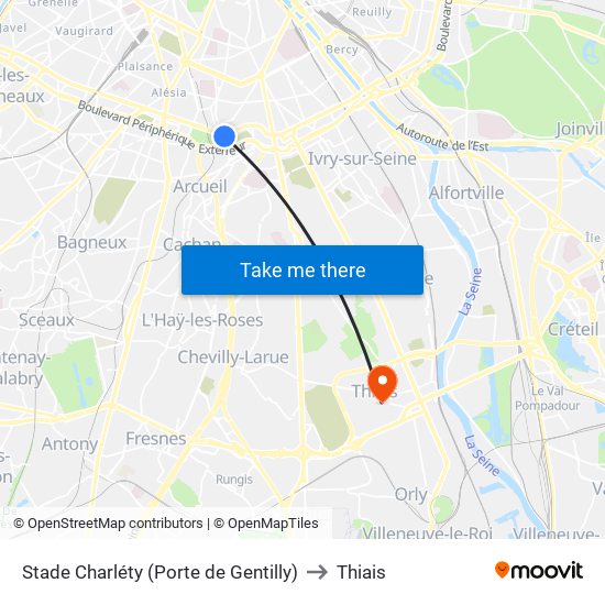 Stade Charléty (Porte de Gentilly) to Thiais map