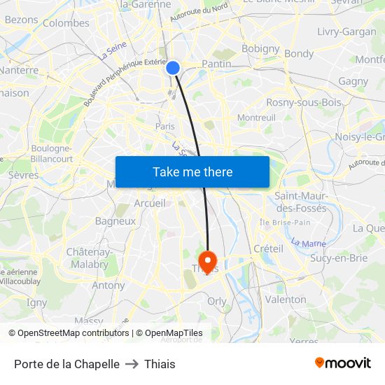 Porte de la Chapelle to Thiais map