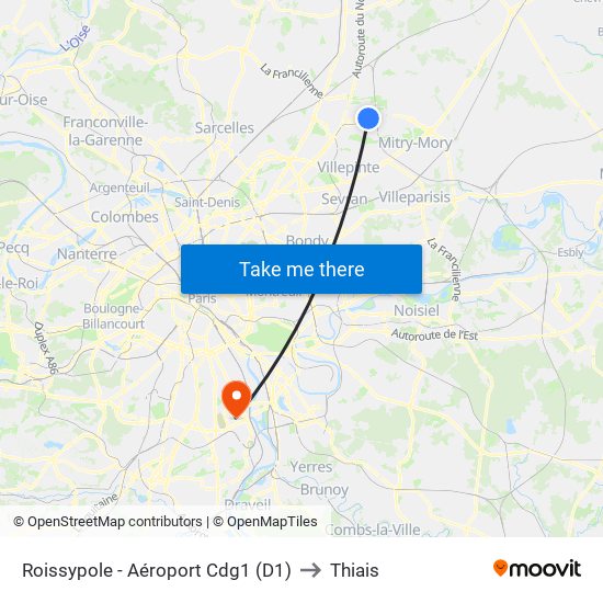 Roissypole - Aéroport Cdg1 (D1) to Thiais map