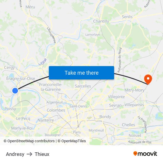 Andresy to Thieux map