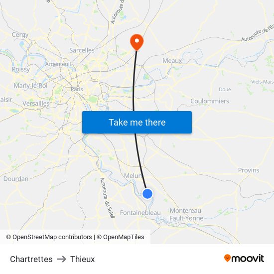 Chartrettes to Thieux map