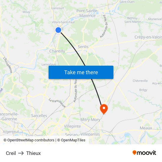 Creil to Thieux map