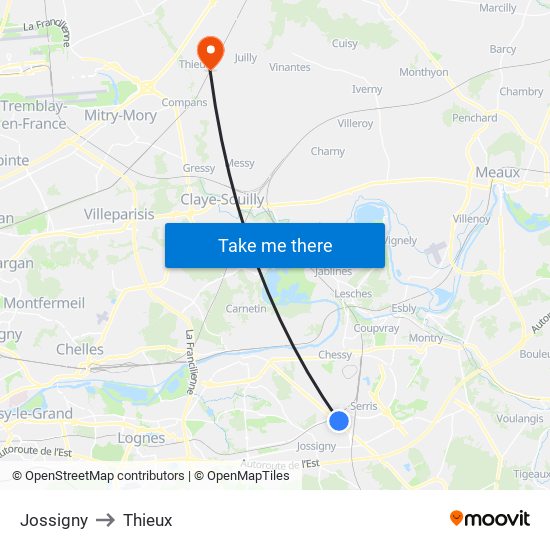 Jossigny to Thieux map