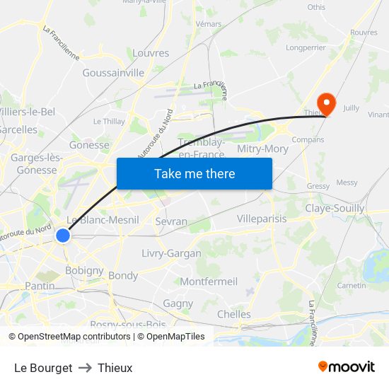 Le Bourget to Thieux map