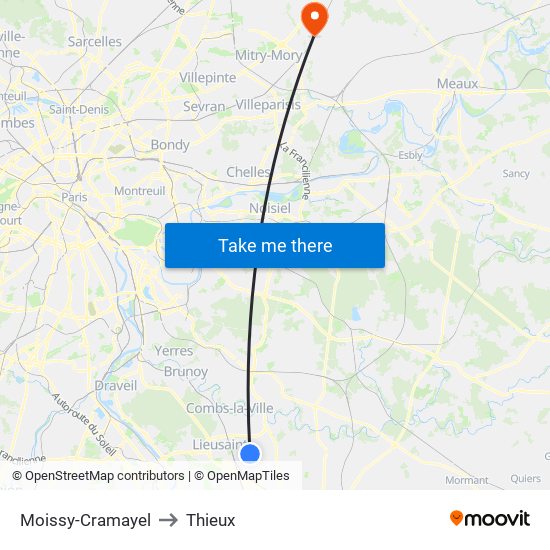 Moissy-Cramayel to Thieux map