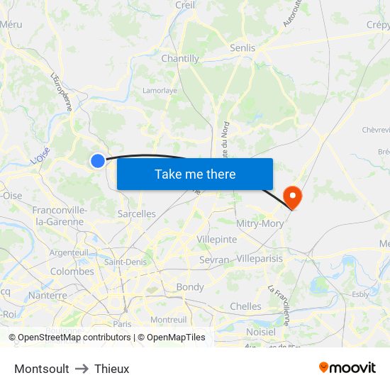 Montsoult to Thieux map