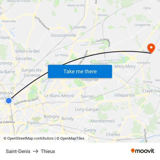Saint-Denis to Thieux map