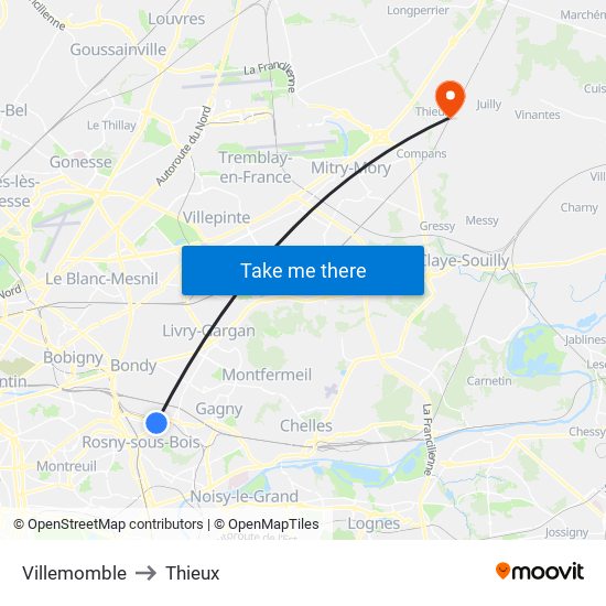 Villemomble to Thieux map