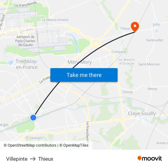 Villepinte to Thieux map