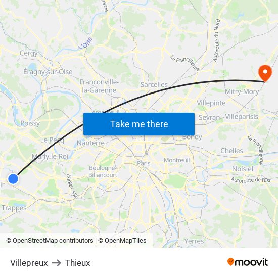 Villepreux to Thieux map