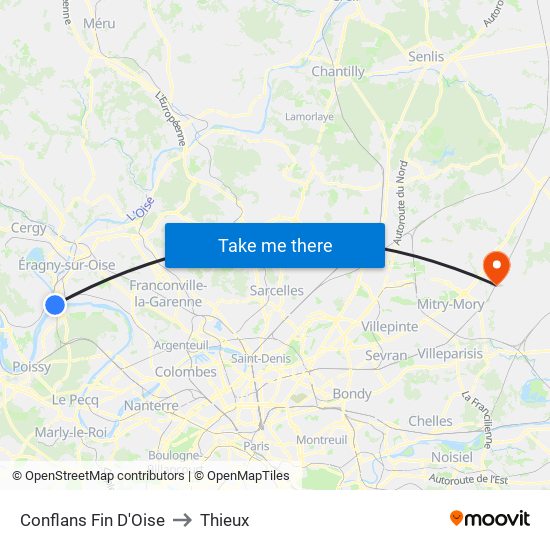 Conflans Fin D'Oise to Thieux map