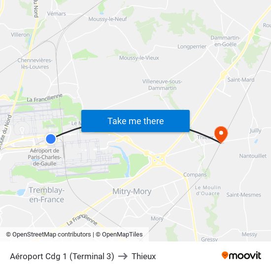 Aéroport Cdg 1 (Terminal 3) to Thieux map