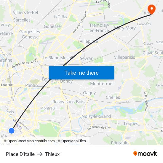 Place D'Italie to Thieux map
