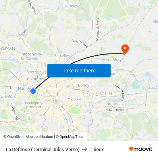 La Défense (Terminal Jules Verne) to Thieux map