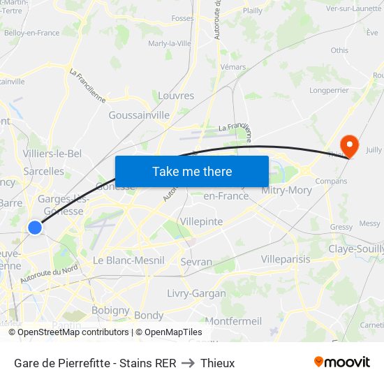 Gare de Pierrefitte - Stains RER to Thieux map