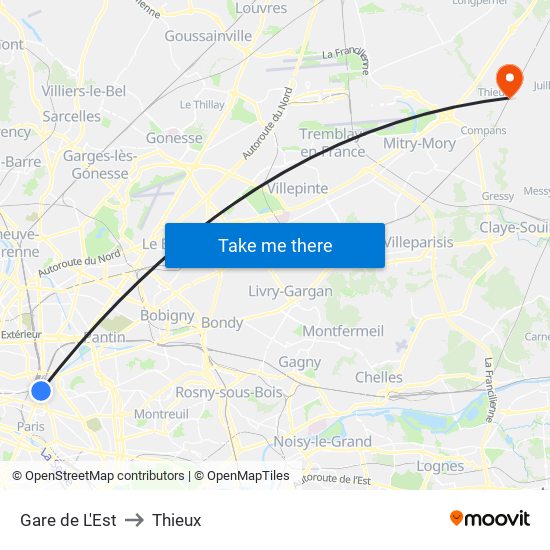 Gare de L'Est to Thieux map