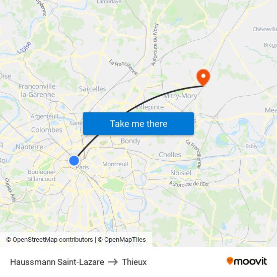Haussmann Saint-Lazare to Thieux map