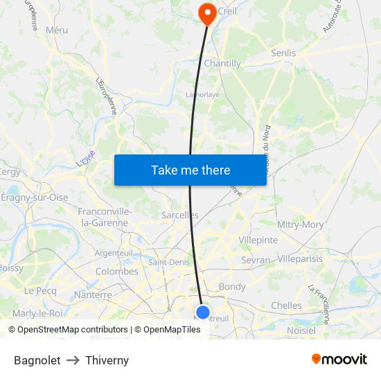 Bagnolet to Thiverny map