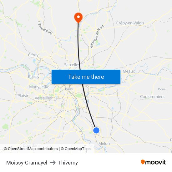 Moissy-Cramayel to Thiverny map
