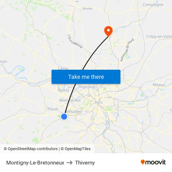 Montigny-Le-Bretonneux to Thiverny map