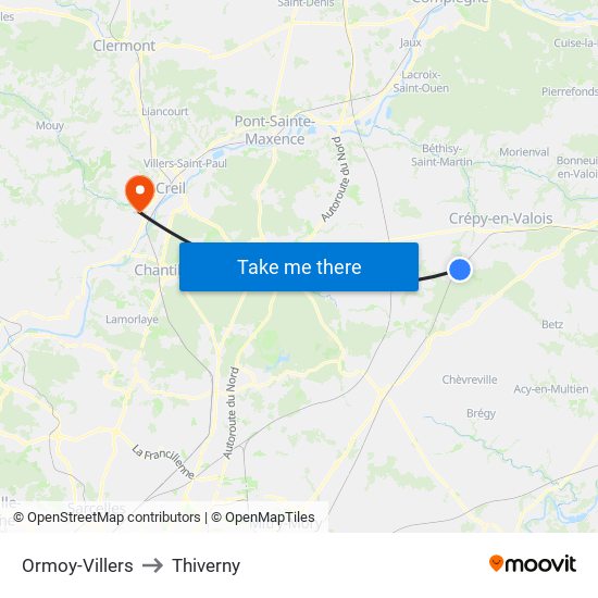Ormoy-Villers to Thiverny map