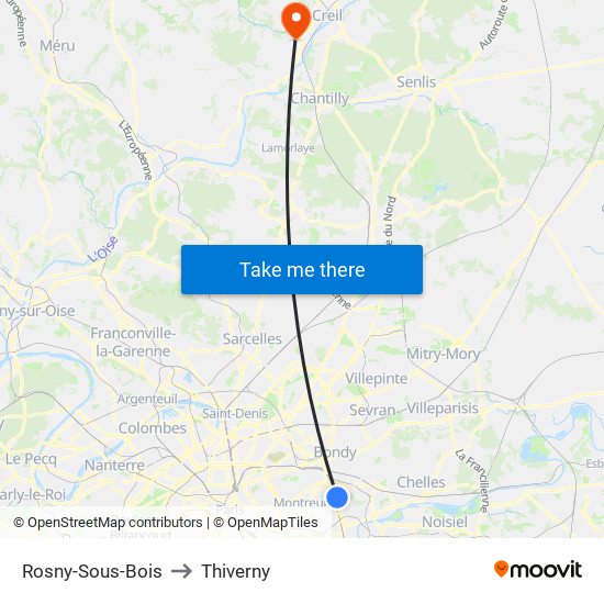 Rosny-Sous-Bois to Thiverny map