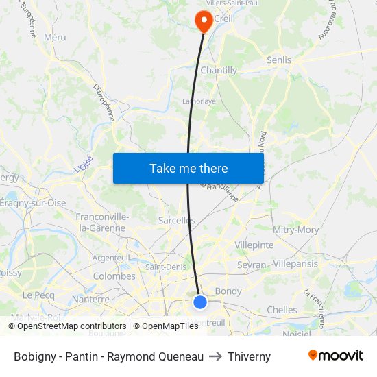 Bobigny - Pantin - Raymond Queneau to Thiverny map