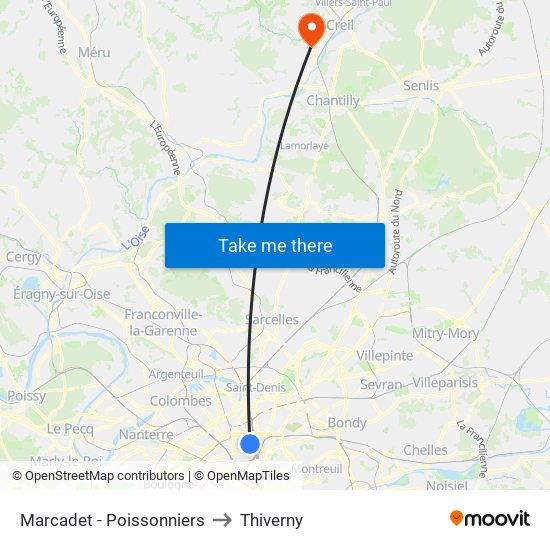 Marcadet - Poissonniers to Thiverny map