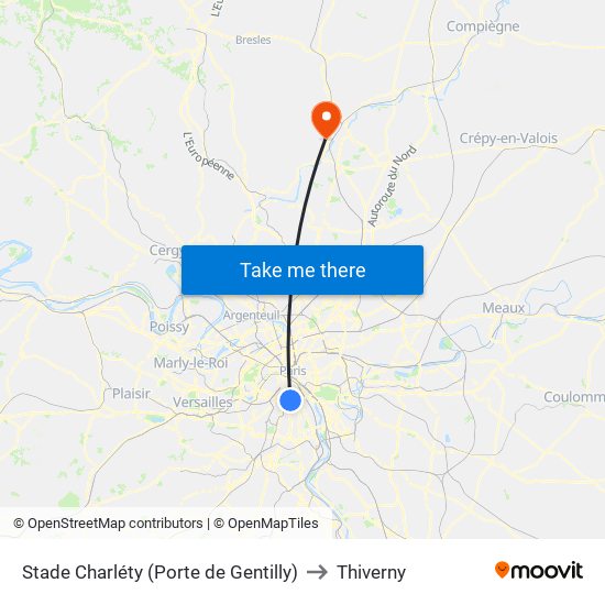 Stade Charléty (Porte de Gentilly) to Thiverny map