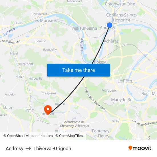 Andresy to Thiverval-Grignon map