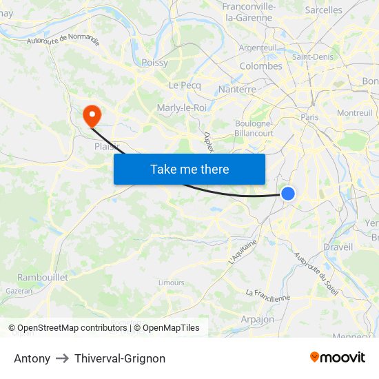 Antony to Thiverval-Grignon map