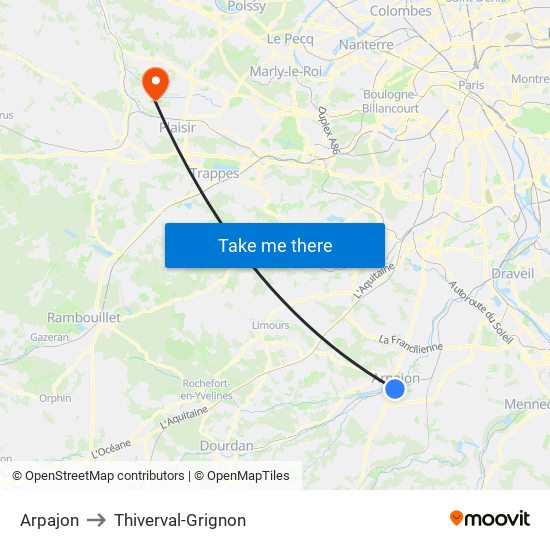 Arpajon to Thiverval-Grignon map