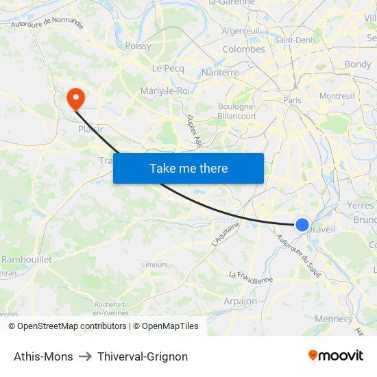 Athis-Mons to Thiverval-Grignon map