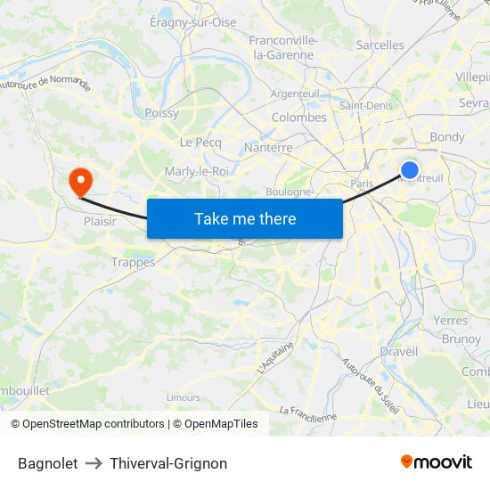 Bagnolet to Thiverval-Grignon map