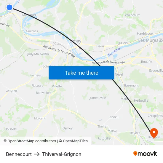 Bennecourt to Thiverval-Grignon map
