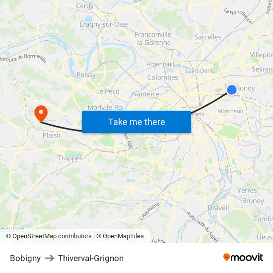 Bobigny to Thiverval-Grignon map